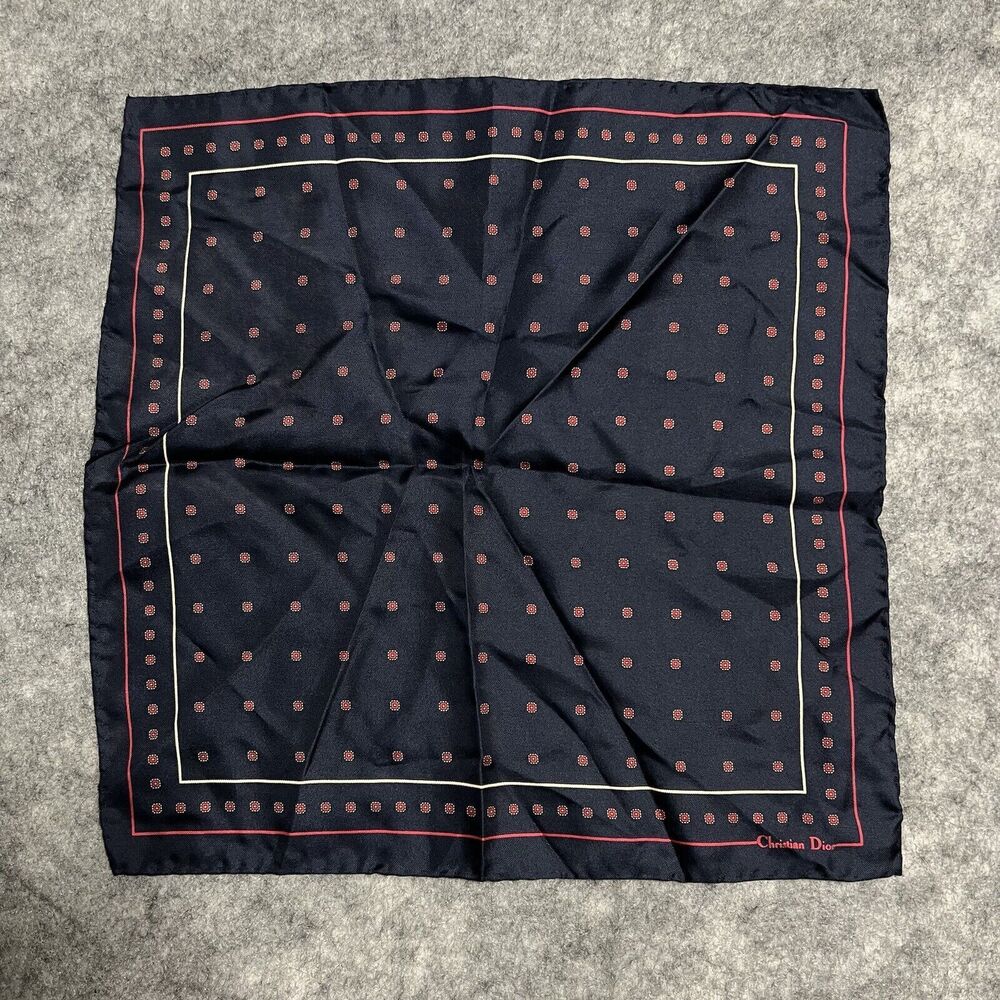 VINTAGE Christian Dior 100% Silk Scarf Pocket Square Hand Rolled in Italy Blue